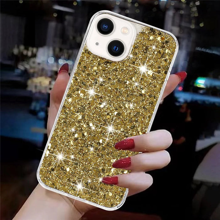 For iPhone 15 Back Protector Case Sparkle Epoxy Cell Phone TPU Cover - Gold - 4