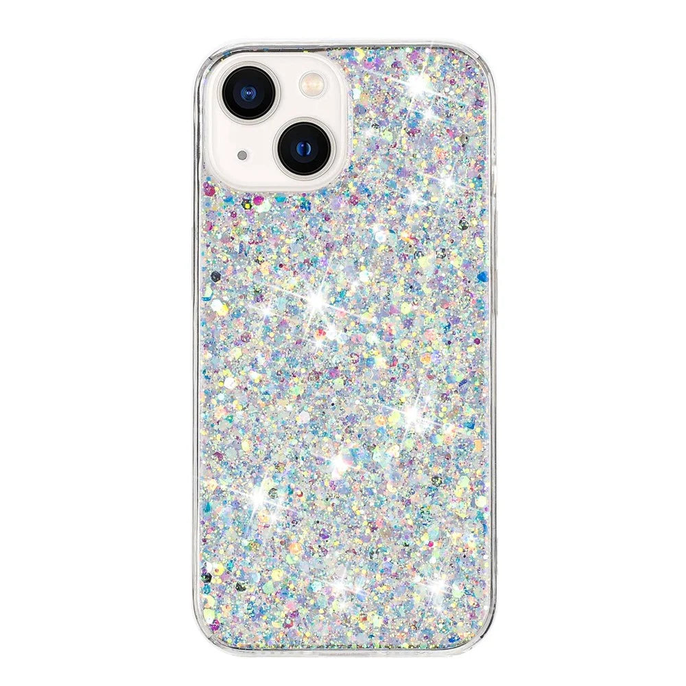 For iPhone 15 Plus Cover Epoxy Glittery Powder Phone Shell TPU Phone Case - White - 1