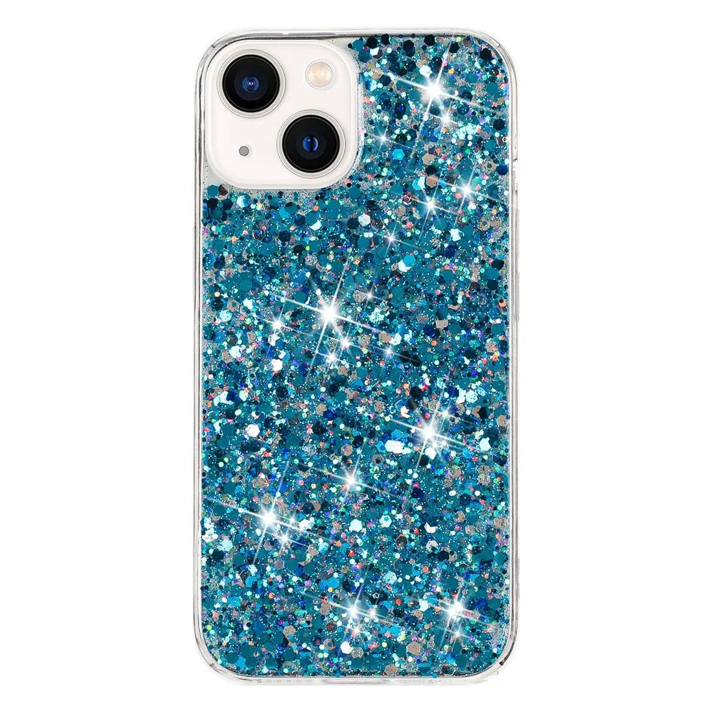 Phone Case for iPhone 14 Glittery Powder Decor Epoxy TPU Slim-Fit Phone Cover - Blue - 1