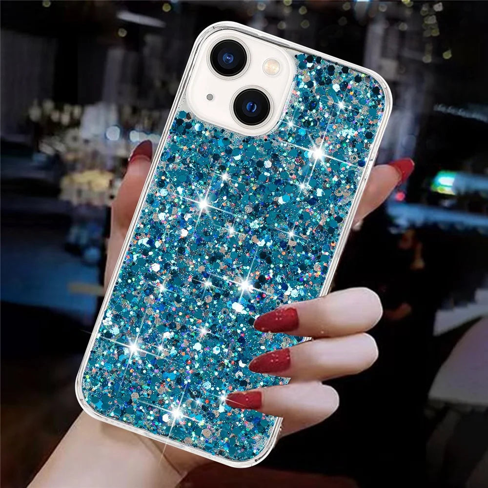 Phone Case for iPhone 14 Glittery Powder Decor Epoxy TPU Slim-Fit Phone Cover - Blue - 4