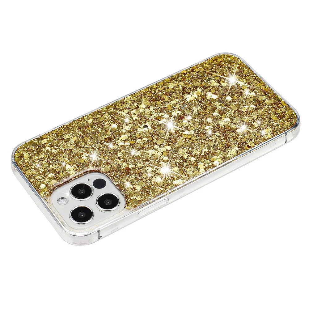 For iPhone 12 Pro Max Cases Anti-Scratch Phone Cover Epoxy Glittery Powder Decor TPU Phone Shell - Gold - 2