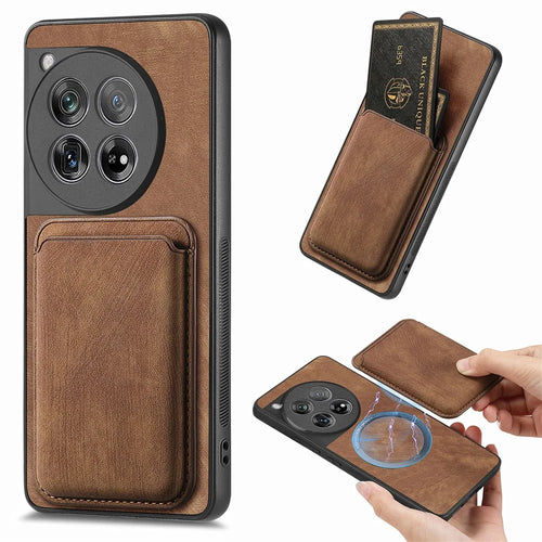 For OnePlus 12 5G Magnetic Case Leather Back Cover with Detachable Card Holder - Brown - 1