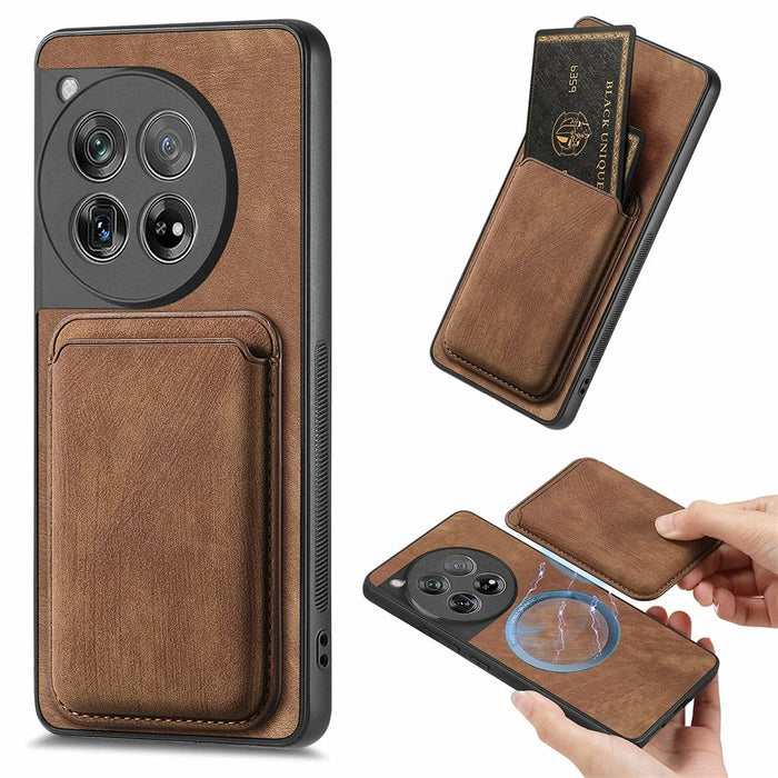 For OnePlus 12 5G Magnetic Case Leather Back Cover with Detachable Card Holder - Brown - 1