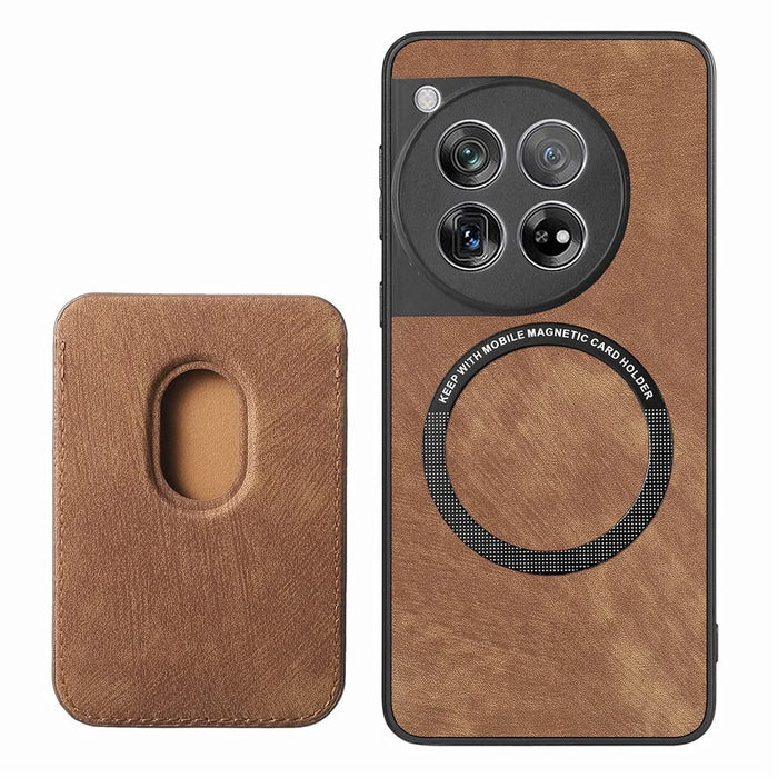 For OnePlus 12 5G Magnetic Case Leather Back Cover with Detachable Card Holder - Brown - 2