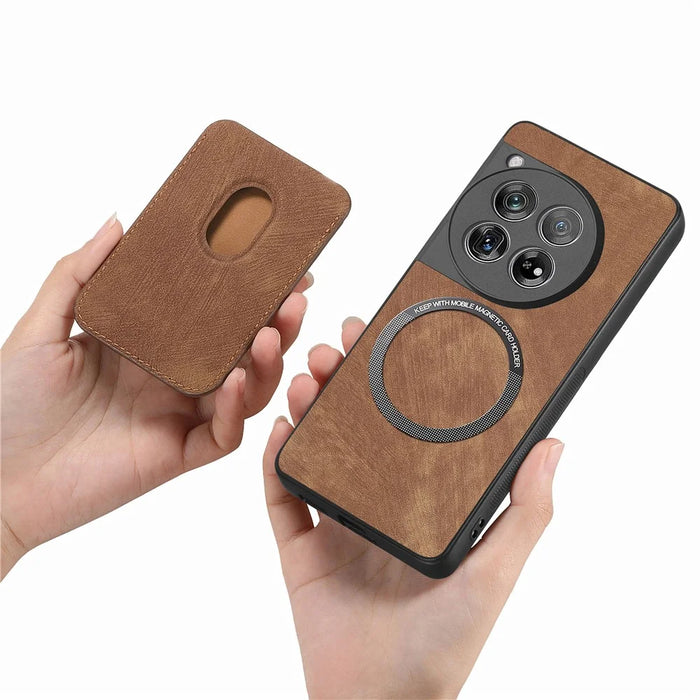 For OnePlus 12 5G Magnetic Case Leather Back Cover with Detachable Card Holder - Brown - 3