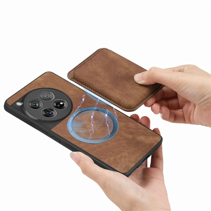 For OnePlus 12 5G Magnetic Case Leather Back Cover with Detachable Card Holder - Brown - 4