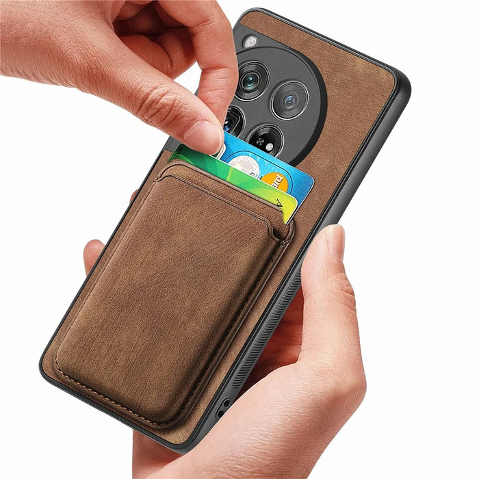 For OnePlus 12 5G Magnetic Case Leather Back Cover with Detachable Card Holder - Brown - 5