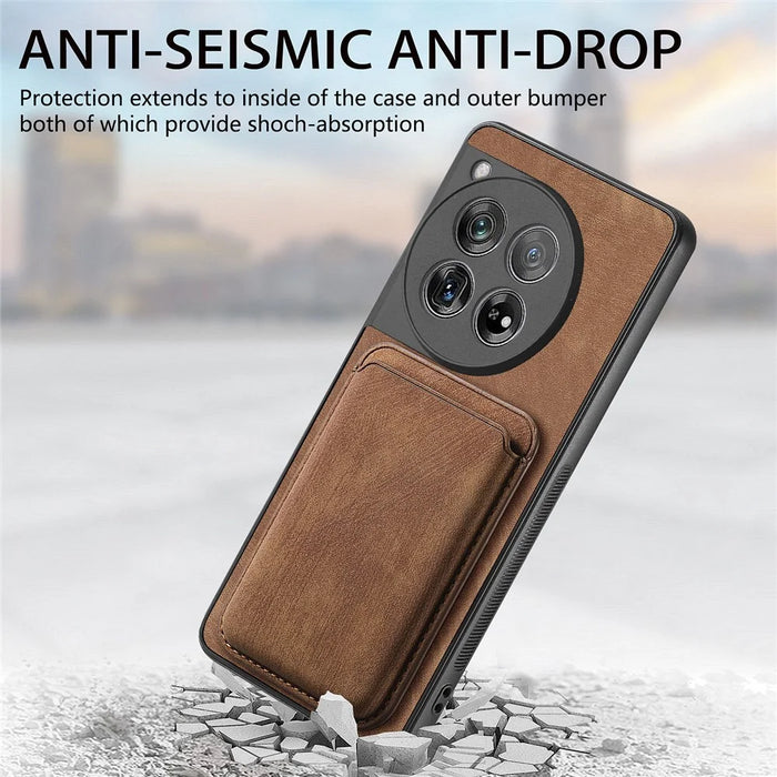 For OnePlus 12 5G Magnetic Case Leather Back Cover with Detachable Card Holder - Brown - 6