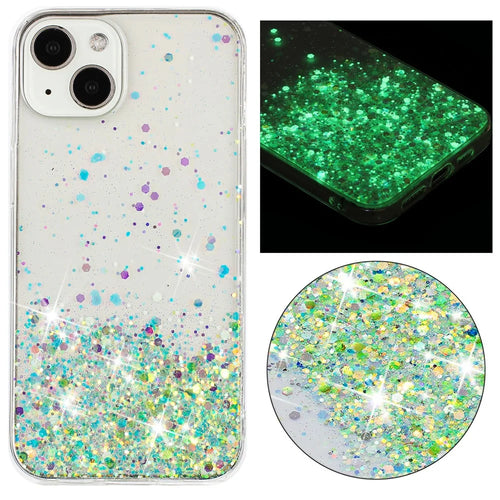 For iPhone 14 Cell Phone Case Anti-fall Epoxy TPU Glitter Sparkle Luminous Phone Cover - Green - 1