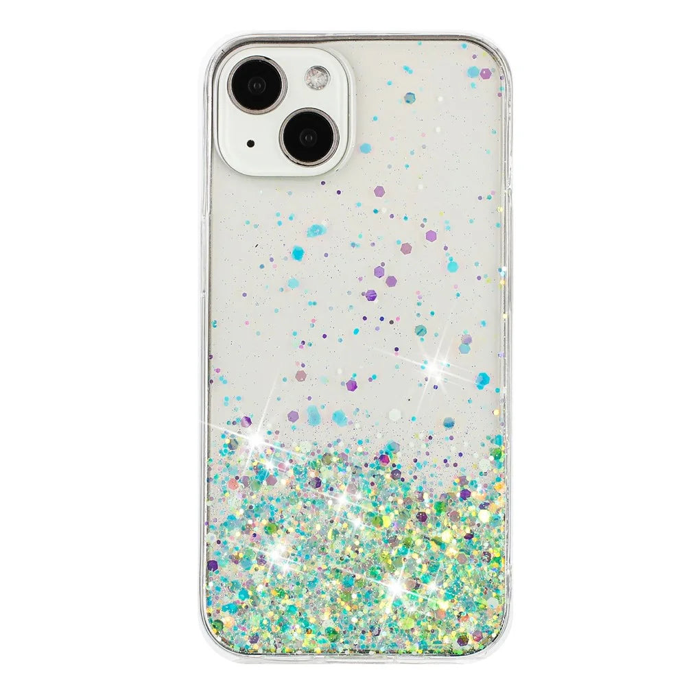 For iPhone 14 Cell Phone Case Anti-fall Epoxy TPU Glitter Sparkle Luminous Phone Cover - Green - 2