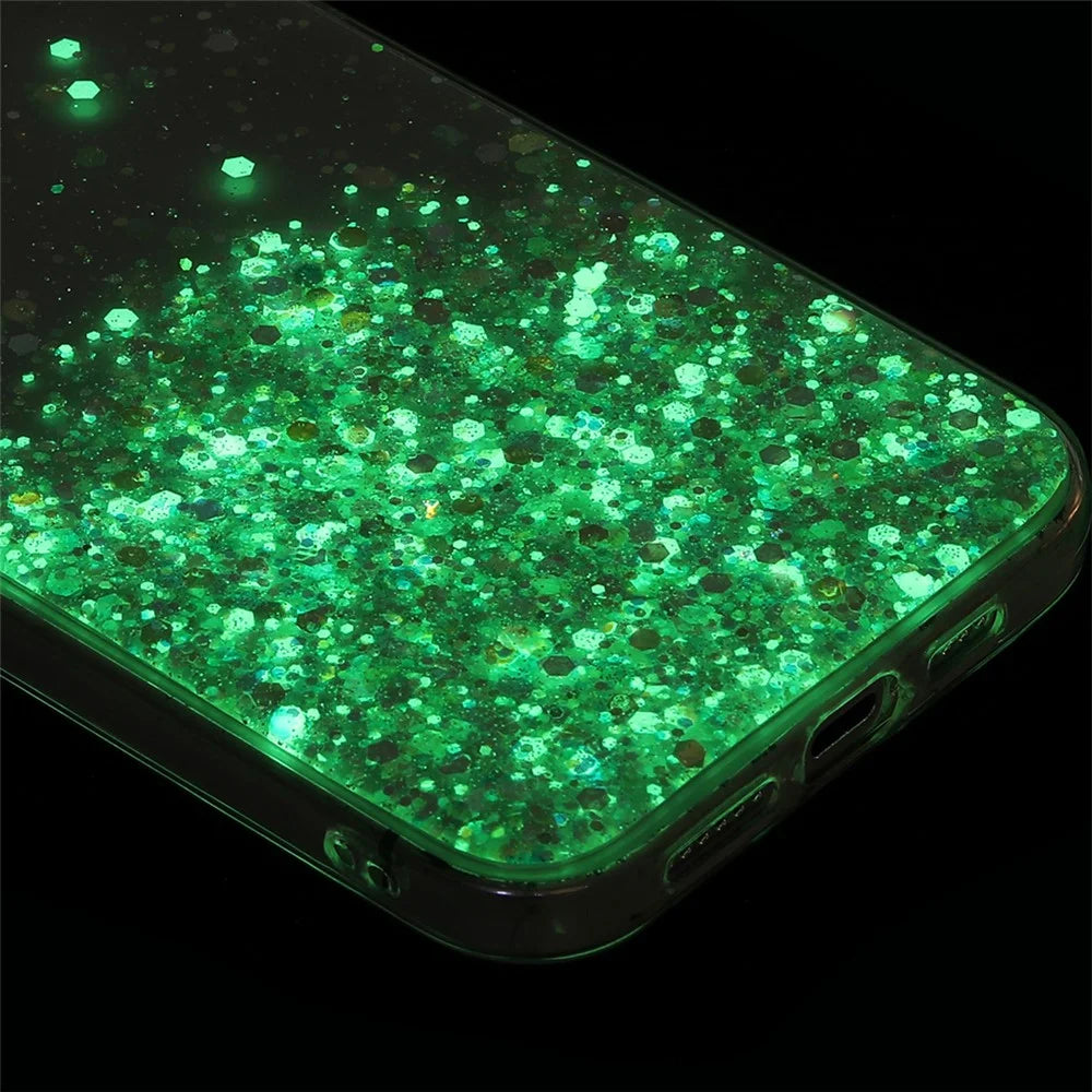 For iPhone 14 Cell Phone Case Anti-fall Epoxy TPU Glitter Sparkle Luminous Phone Cover - Green - 5