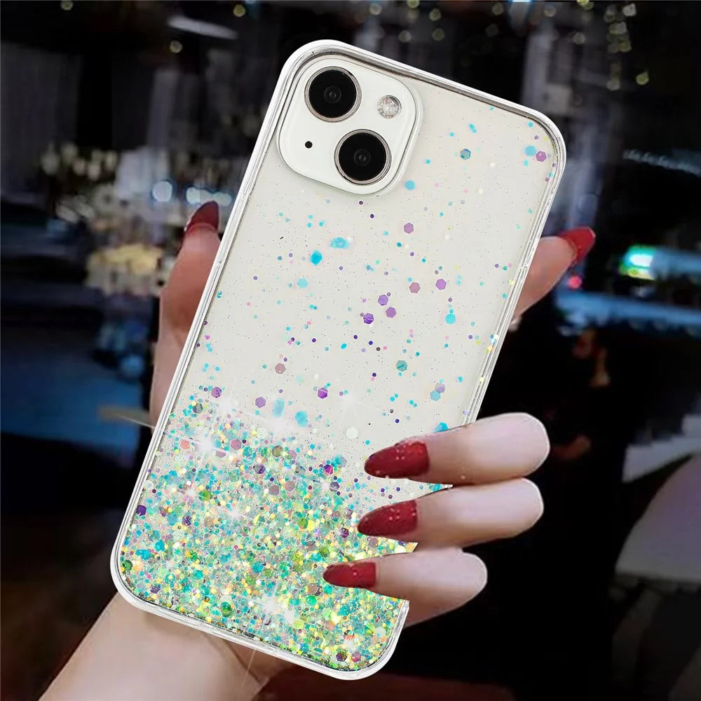 For iPhone 14 Cell Phone Case Anti-fall Epoxy TPU Glitter Sparkle Luminous Phone Cover - Green - 6