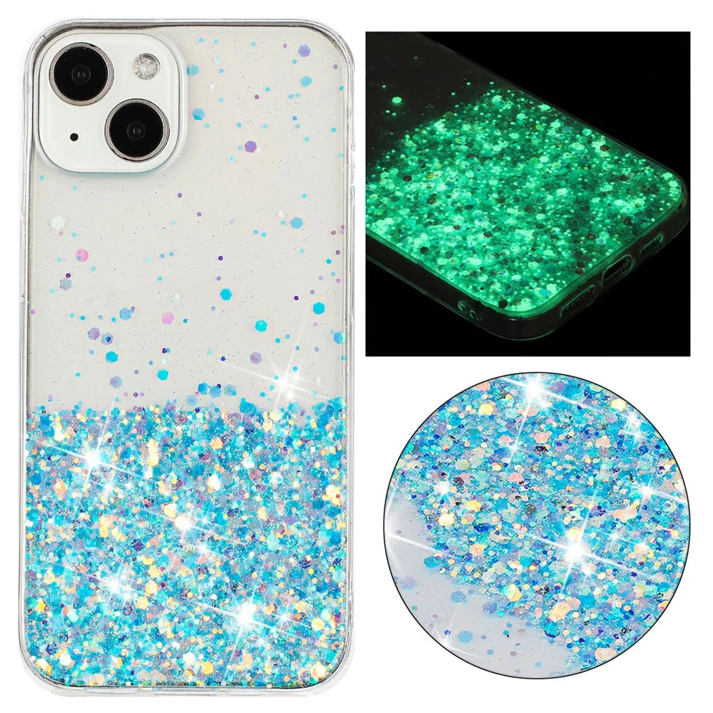 For iPhone 13 6.1 inch Cell Phone Cases Epoxy TPU Glitter Sparkle Luminous Phone Cover - Blue - 1