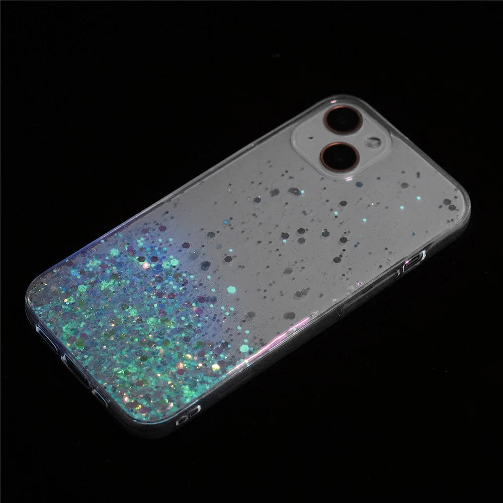 For iPhone 13 6.1 inch Cell Phone Cases Epoxy TPU Glitter Sparkle Luminous Phone Cover - Blue - 5