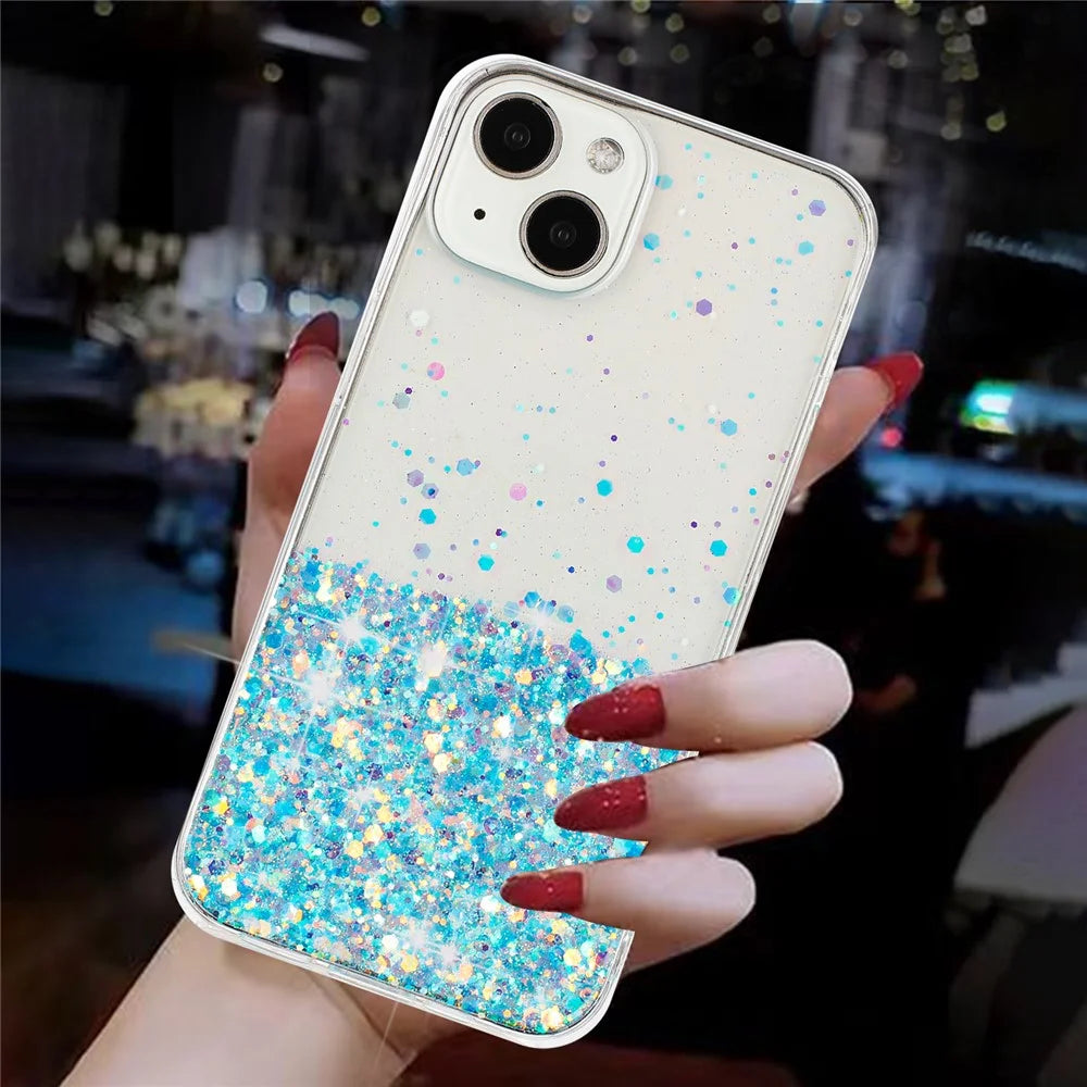 For iPhone 13 6.1 inch Cell Phone Cases Epoxy TPU Glitter Sparkle Luminous Phone Cover - Blue - 7