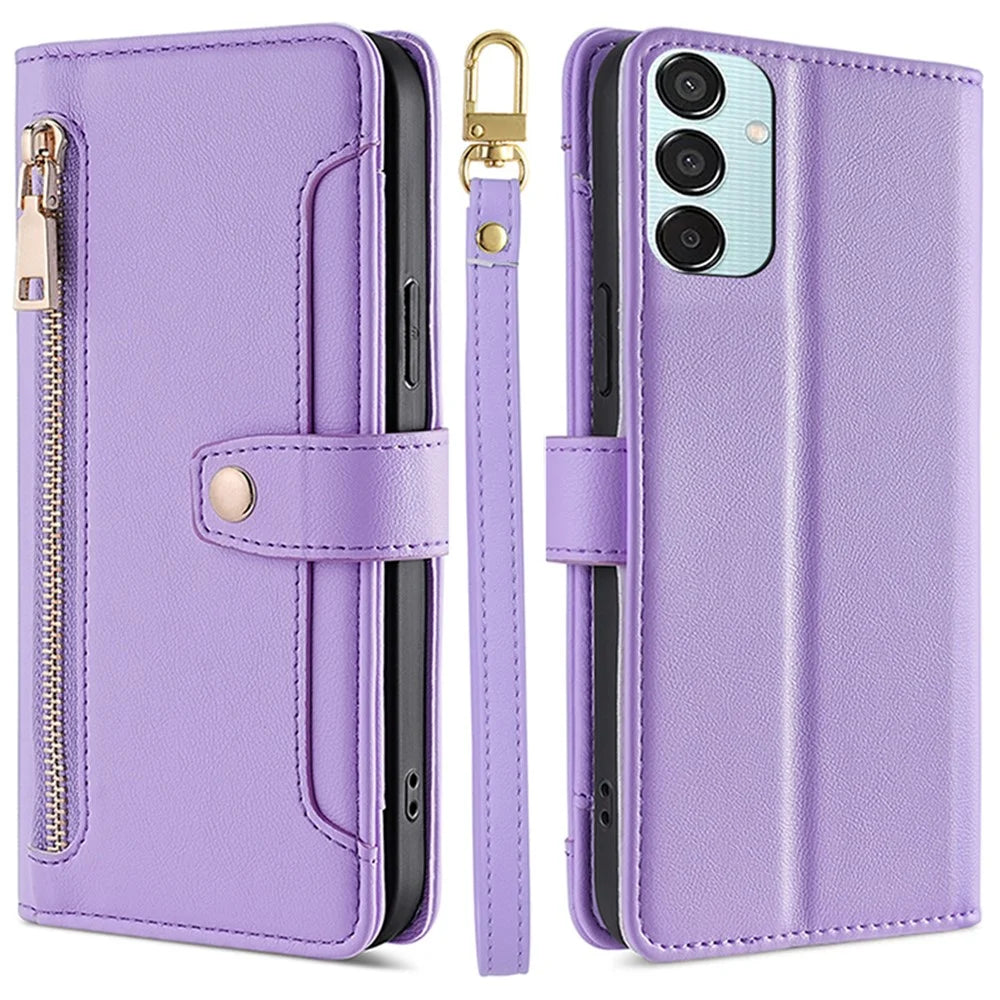 For Samsung Galaxy M15 5G Leather Case Wallet Zipper Phone Cover with 2 Straps - Purple - 1