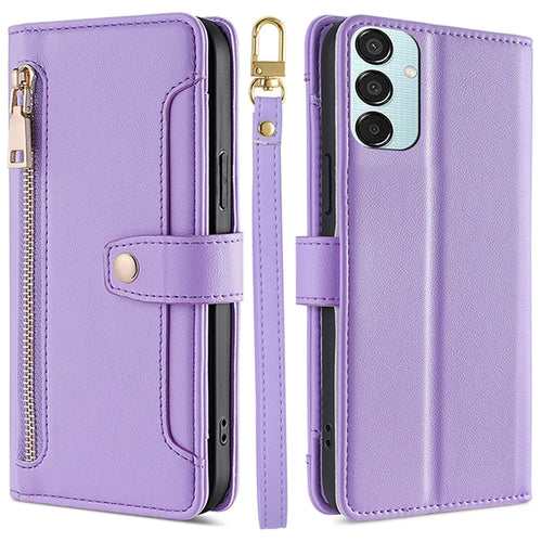 For Samsung Galaxy M15 5G Leather Case Wallet Zipper Phone Cover with 2 Straps - Purple - 1