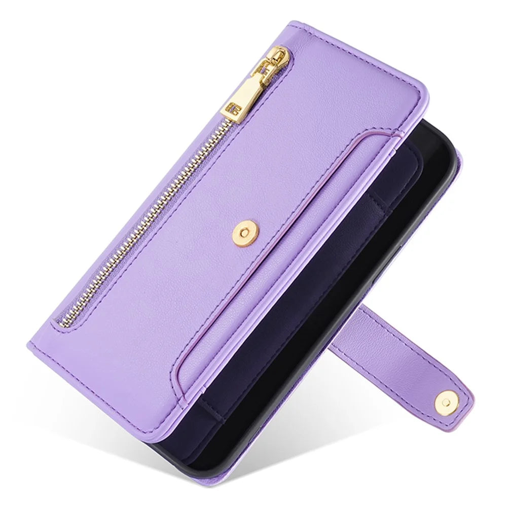 For Samsung Galaxy M15 5G Leather Case Wallet Zipper Phone Cover with 2 Straps - Purple - 5