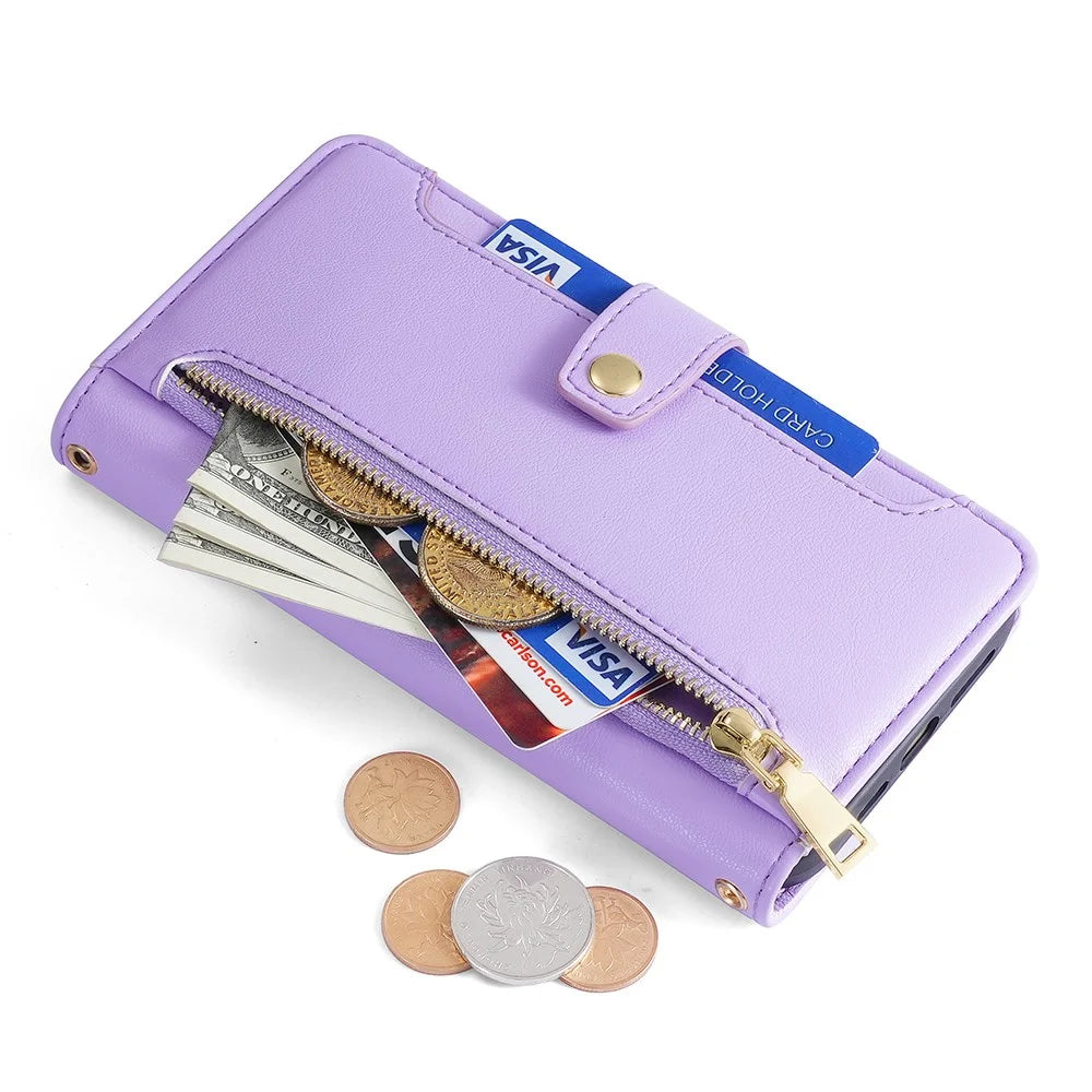 For Samsung Galaxy M15 5G Leather Case Wallet Zipper Phone Cover with 2 Straps - Purple - 6