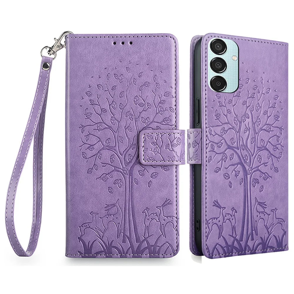 For Samsung Galaxy M15 5G Leather Case with 3 Card Slots Tree Pattern Phone Cover - Purple - 1