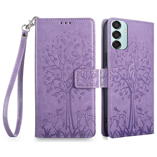 For Samsung Galaxy M15 5G Leather Case with 3 Card Slots Tree Pattern Phone Cover - Purple - 1