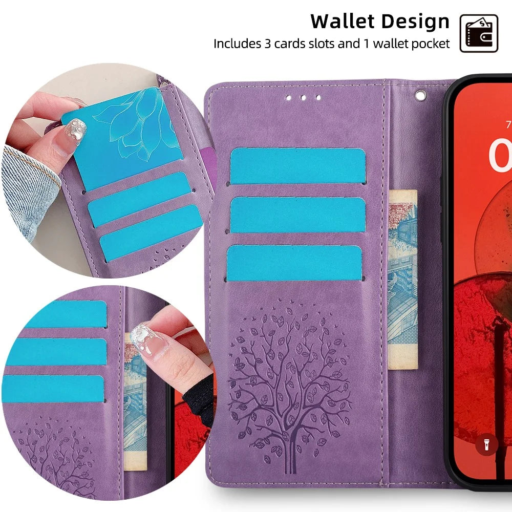 For Samsung Galaxy M15 5G Leather Case with 3 Card Slots Tree Pattern Phone Cover - Purple - 5