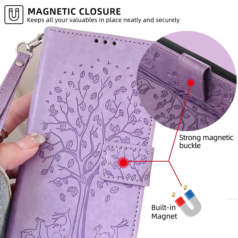 For Samsung Galaxy M15 5G Leather Case with 3 Card Slots Tree Pattern Phone Cover - Purple - 6