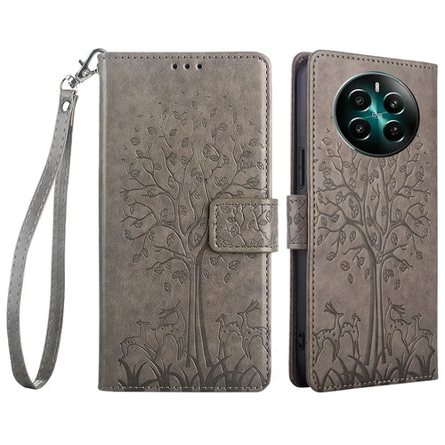 For Realme 12 4G / 12+ 5G Leather Case Tree Imprinted Stand Mobile Phone Cover - Grey - 1