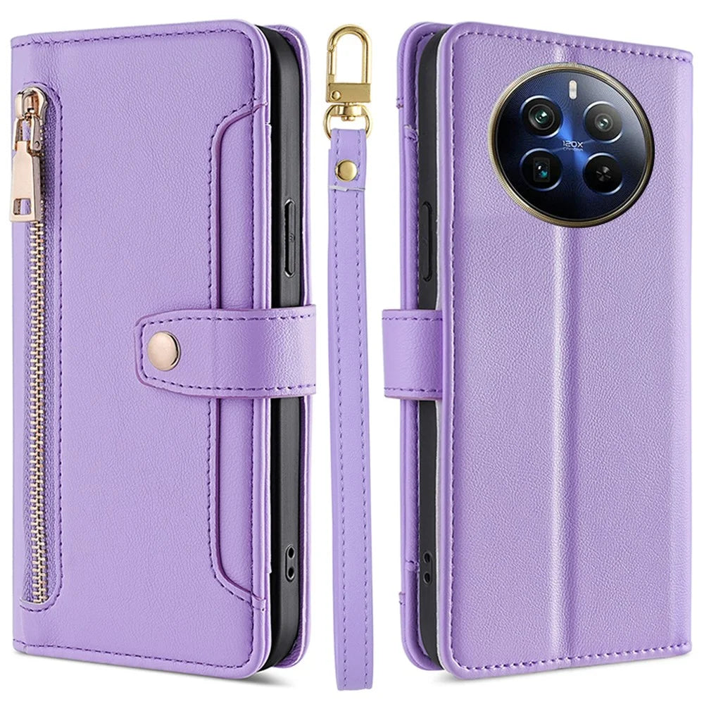 For Realme 12 Pro 5G / 12 Pro+ 5G Cell Phone Cases Zipper Pocket Leather Crossbody Cover - Purple - 1