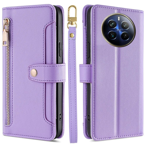 For Realme 12 Pro 5G / 12 Pro+ 5G Cell Phone Cases Zipper Pocket Leather Crossbody Cover - Purple - 1