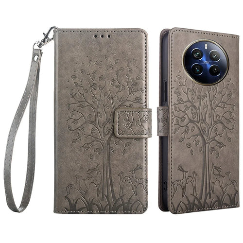 For Realme 12 Pro 5G / 12 Pro+ 5G Leather Case Tree Pattern Wallet Phone Cover - Grey - 1