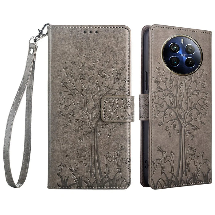 For Realme 12 Pro 5G / 12 Pro+ 5G Leather Case Tree Pattern Wallet Phone Cover - Grey - 1