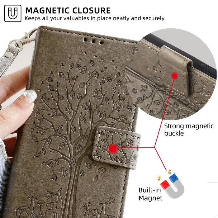 For Realme 12 Pro 5G / 12 Pro+ 5G Leather Case Tree Pattern Wallet Phone Cover - Grey - 6