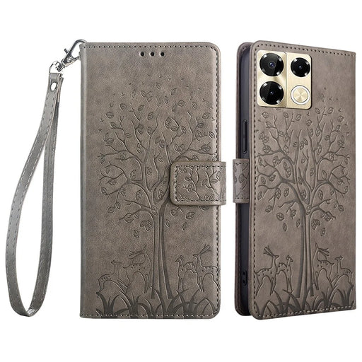 For Infinix Note 40 Pro 5G Case Tree Imprinted Stand Leather Wallet Phone Cover - Grey - 1