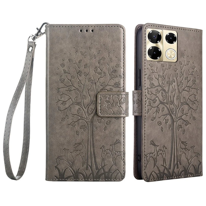 For Infinix Note 40 Pro 5G Case Tree Imprinted Stand Leather Wallet Phone Cover - Grey - 1