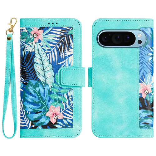 For Google Pixel 9 / Pixel 9 Pro Phone Cover Flower Pattern PU Leather Case with Card Holder and Stand - Green - 1