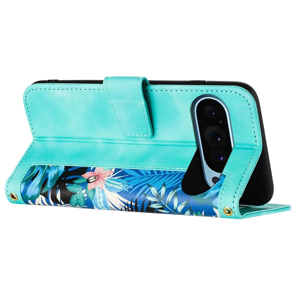 For Google Pixel 9 / Pixel 9 Pro Phone Cover Flower Pattern PU Leather Case with Card Holder and Stand - Green - 3
