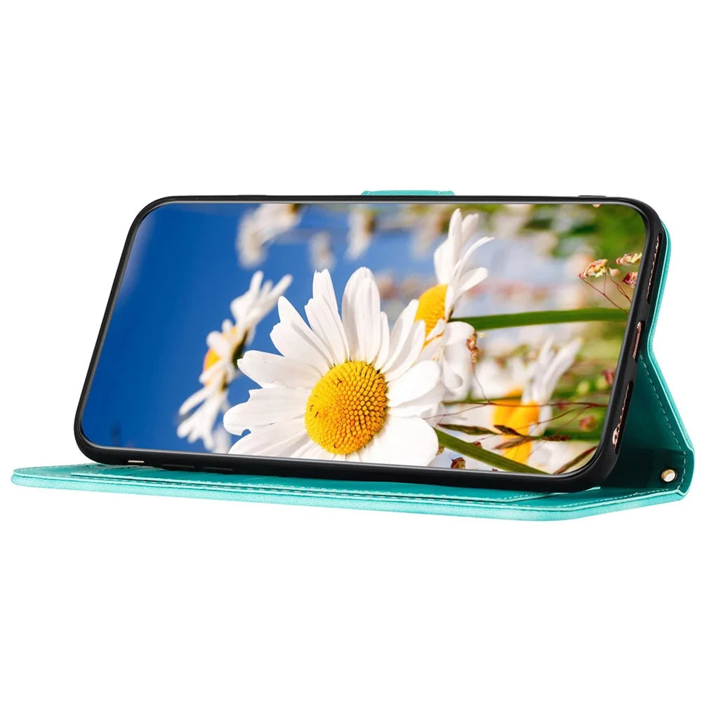 For Google Pixel 9 / Pixel 9 Pro Phone Cover Flower Pattern PU Leather Case with Card Holder and Stand - Green - 4