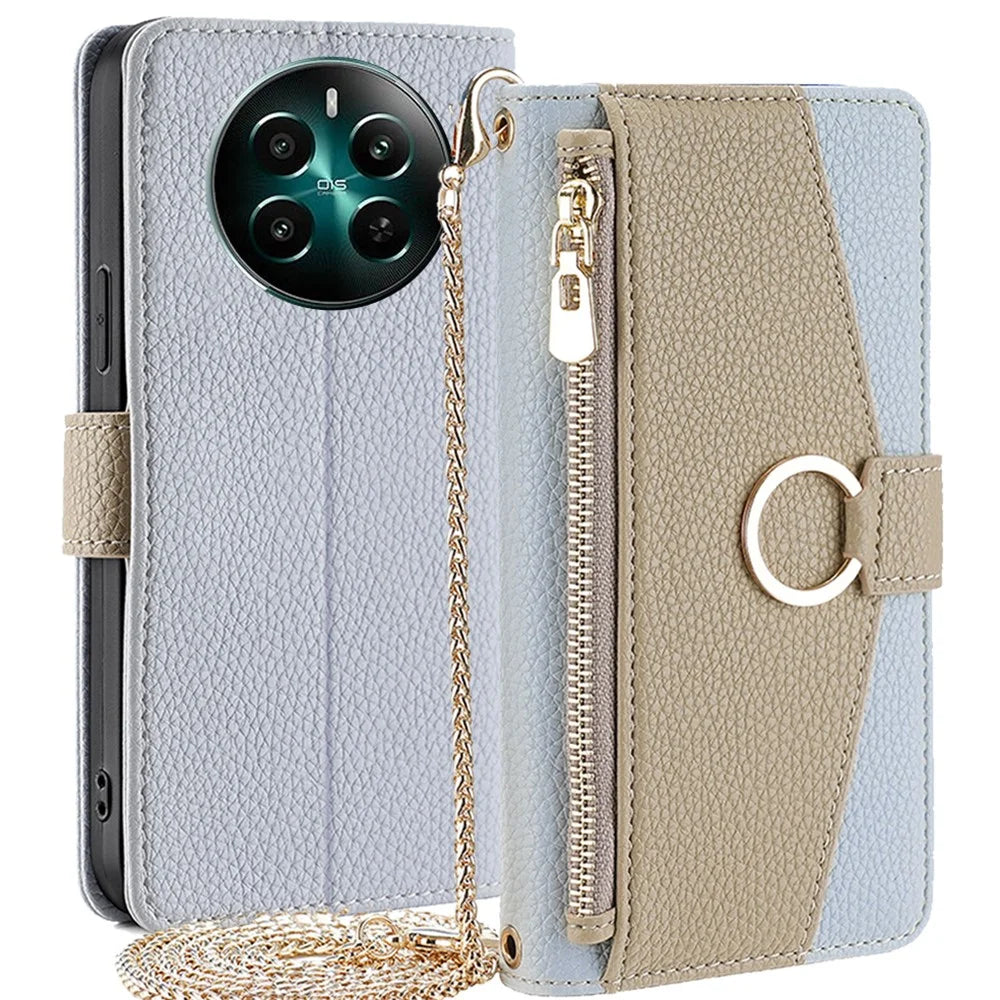 For Realme 12 4G / 12+ 5G Case Mirror Design PU Leather Crossbody Wallet Flip Phone Cover - Blue - 1
