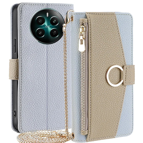 For Realme 12 4G / 12+ 5G Case Mirror Design PU Leather Crossbody Wallet Flip Phone Cover - Blue - 1