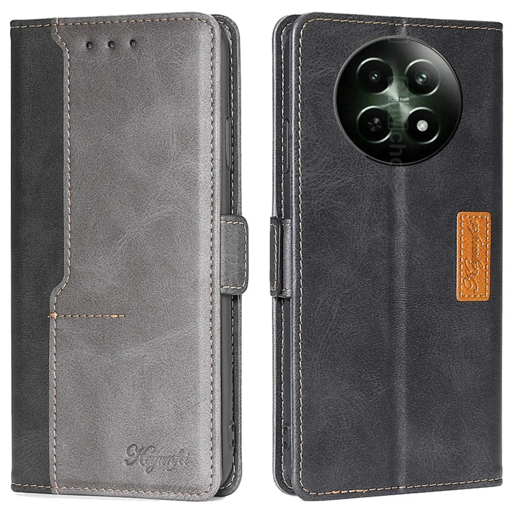 For Realme 12 5G   Phone Cover Splicing Color Leather Wallet Phone Cover - Black+Grey - 1