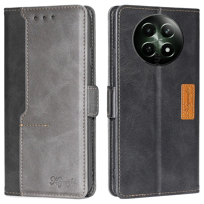 For Realme 12 5G   Phone Cover Splicing Color Leather Wallet Phone Cover - Black+Grey - 1