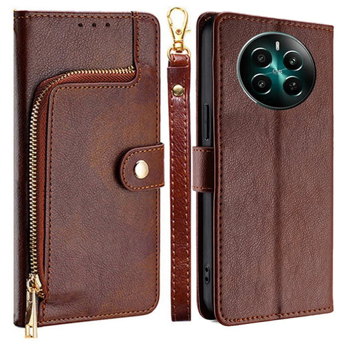 For Realme 12 4G / 12+ 5G Zipper Wallet Case Full Protection Flip Leather Phone Cover - Brown - 1