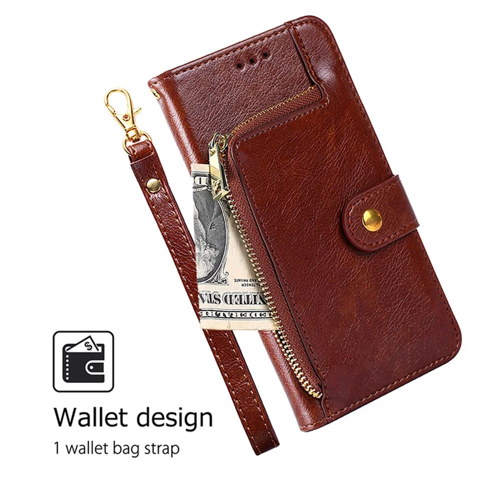 For Realme 12 4G / 12+ 5G Zipper Wallet Case Full Protection Flip Leather Phone Cover - Brown - 4