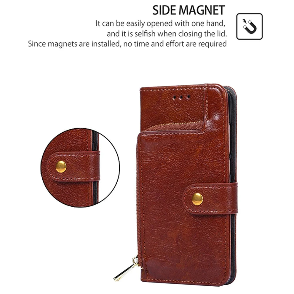 For Realme 12 4G / 12+ 5G Zipper Wallet Case Full Protection Flip Leather Phone Cover - Brown - 5