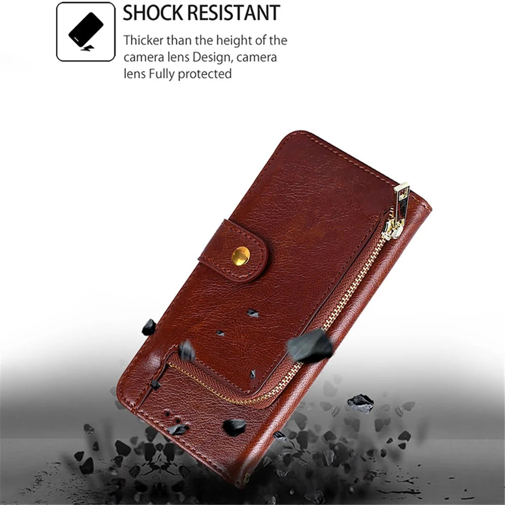 For Realme 12 4G / 12+ 5G Zipper Wallet Case Full Protection Flip Leather Phone Cover - Brown - 6