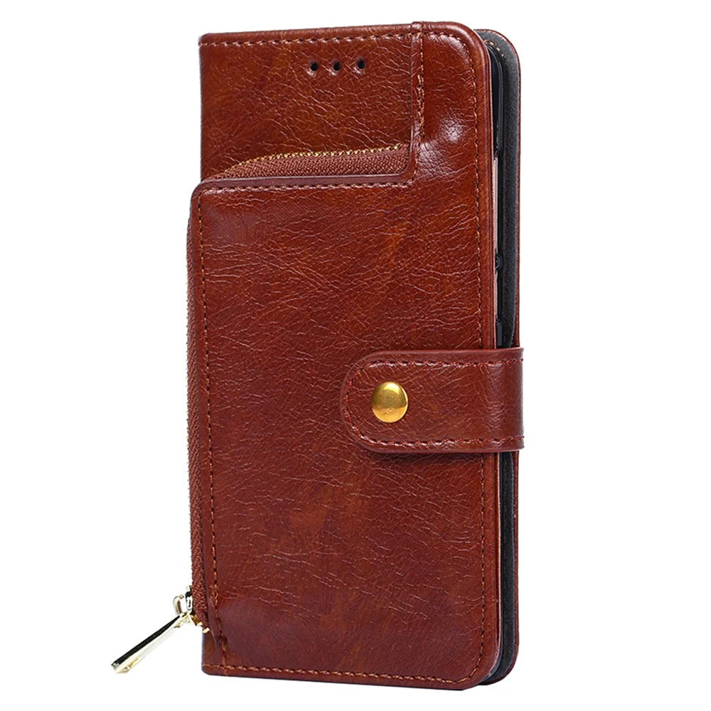 For Realme 12 4G / 12+ 5G Zipper Wallet Case Full Protection Flip Leather Phone Cover - Brown - 7