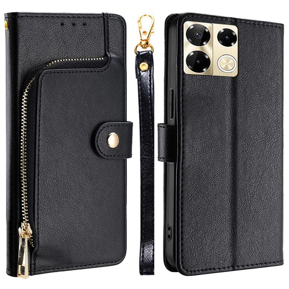 For Infinix Note 40 Pro 5G Case PU Leather Phone Zipper Purse Cover with Wrist Straps - Black - 1