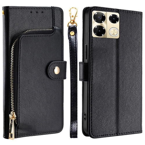 For Infinix Note 40 Pro 5G Case PU Leather Phone Zipper Purse Cover with Wrist Straps - Black - 1