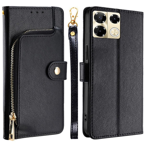 For Infinix Note 40 Pro 5G Case PU Leather Phone Zipper Purse Cover with Wrist Straps - Black - 1